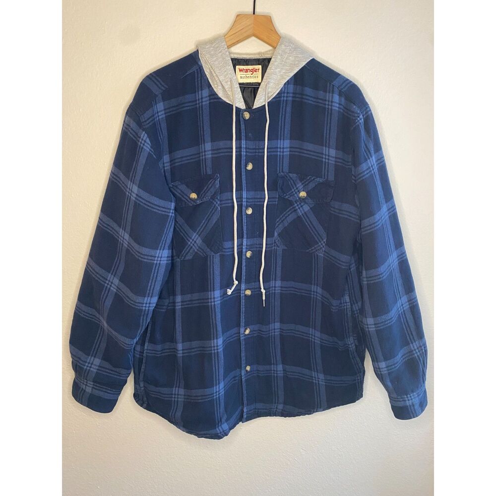 Wrangler Authentics Blue Plaid Quilted Lined Hooded Flannel Jacket Men's L